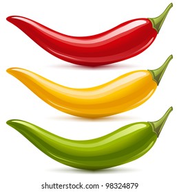 Hot chilli pepper vector set isolated on white background. Red, yellow and green.