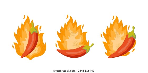 Pimenta quente definido. Vegetais vermelhos pegando fogo. Especiarias quentes extra e ingredientes para cozinhar. Cozinha tradicional mexicana. Coleção de vetores planos isolada no plano de fundo branco