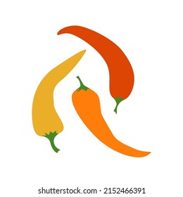 Hot chilli peppers vector illustrations set isolated on white background. Red, yellow and orange. Vegetable illustration for farm market menu.