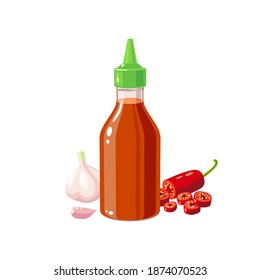 Hot chilli sauce bottle, garlic and pepper, vector illustration cartoon icon isolated on white background.