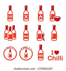 Hot chilli sauce bottle icons set, spicy sauce, Mexican food design. Vector color icons set of chilli sauce isolated on white 
 