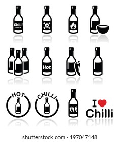 Hot chilli sauce bottle icons set