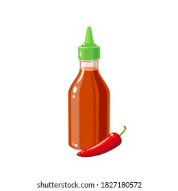 Hot chilli sauce bottle and pepper, vector illustration cartoon icon isolated on white background.