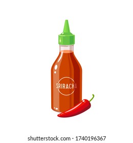 Hot Chilli Sauce Sriracha Bottle And Pepper, Vector Illustration Cartoon Icon Isolated On White Background.