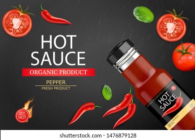 Hot Chilli Sauce Vector Realistic. Product Placement Mock Up Bottle. Label Design Advertise 3d Illustration