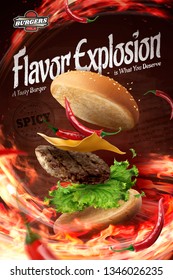 Hot chilly hamburger ads with blazing fire in 3d illustration