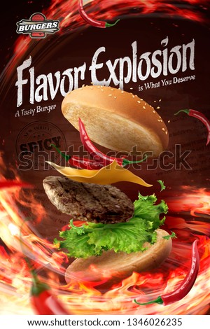 Hot chilly hamburger ads with blazing fire in 3d illustration