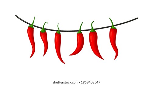 Hot chilly pepper hanging on rope isolated on white background