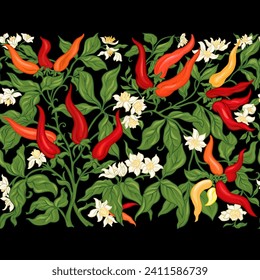 Hot chilly pepper plant with fruits and flowers Seamless pattern, background. Vector illustration. In art nouveau style, vintage, old, retro style.