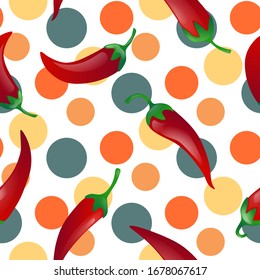 Motivo sin soldadura de pimienta picante.Pimientos rojos verduras picantes sobre fondo blanco con puntos de polka.Comida caliente