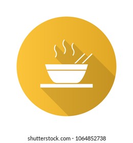 Hot chinese dish flat design long shadow glyph icon. Soup, ramen, rice or noodles. Vector silhouette illustration