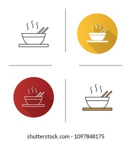 Hot chinese dish icon. Soup, ramen, rice or noodles. Flat design, linear and color styles. Isolated vector illustrations