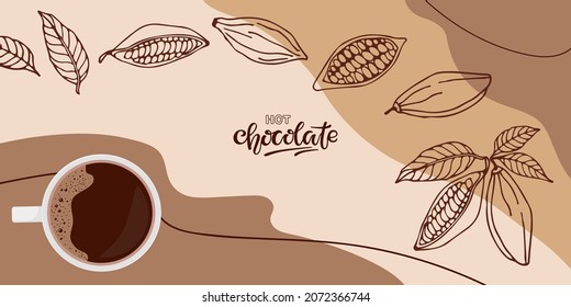 Hot Chocolate Abstract Background. Cocoa Beans Sketch, Handwritten Lettering. Design For Menu, Cafe, Restaurant. Abstract Backdrop For Modern Banner Or PosterFor Packing, Label, Recipe Design.