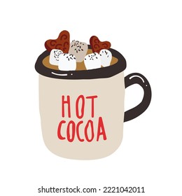 Hot chocolate in beige mug Isolated on white background. Cocoa drink with marshmallows. Vector illustration in cartoon simple flat style.