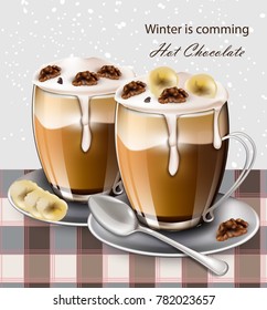 Hot chocolate beverage Vector realistic. Winter drinks menu retro backgrounds