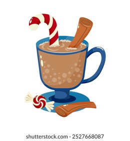 Hot chocolate in a blue mug with cinnamon sticks and a peppermint candy cane. Festive winter drink illustration perfect for seasonal design.