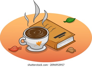 Hot chocolate and book in autumn cartoon illustration