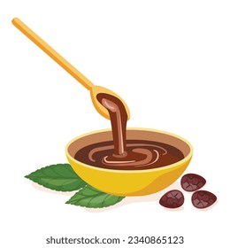 Hot chocolate bowl icon cartoon vector. Cocoa plant. Leaf nut