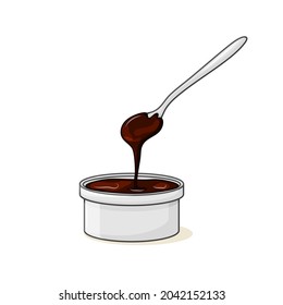 Hot chocolate bowl with a spoon on a white isolated background. Vector cartoon illustration of brown sauce.