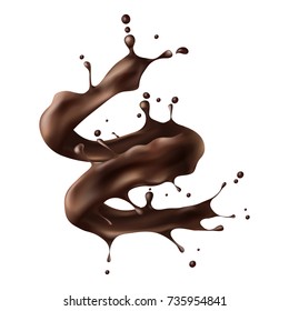 Chocolate caliente, cacao o espiral de café salpicado ilustraciones vectoriales realistas aisladas en fondo blanco. Apetitoso postre líquido elemento de diseño para salpicar productos para bebidas dulces o bebidas y