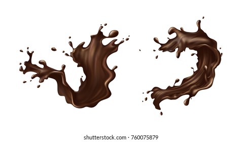 Hot chocolate, cacao or coffee splash set realistic vector illustration isolated on blue background. Appetizing liquid dessert product splashing design element for sweet beverage or drink ad