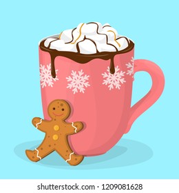 Hot chocolate or cacao in red cup. Mug with hot drink and gingerbread cookie. Warm cocoa at christmas time. Delicious dessert. Flat vector illustration