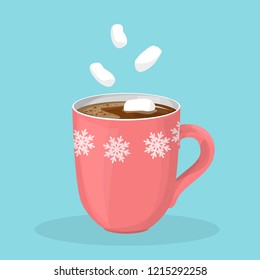 Hot chocolate or cacao in red cup. Mug with hot drink and marshmallow. Warm cocoa at christmas time. Delicious dessert. Flat vector illustration