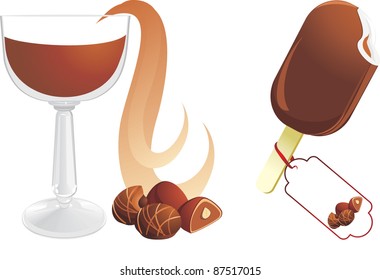 Hot chocolate with candies and ice cream. Vector
