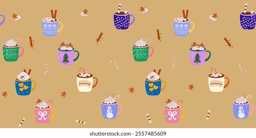 Hot chocolate with candy cane, cinnamon, marshmallow, ginger bread.  Colorful winter drink on brown background vector illustration. Seamless pattern for food and beverage greeting and paper wrapping.