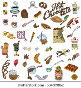 Hot Chocolate and Candy Set. Hand Drawn Valentine`s Day illustration.
