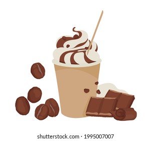 Hot chocolate. Chocolate cappuccino. Mocha. Macchiato. Milkshake, cocktail. Whipped foam. Chocolate topping.Paper cup. 