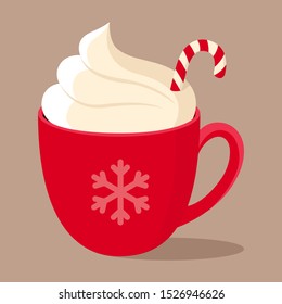 Hot chocolate with Christmas Candy Cane and whipped cream in red Cup with snowflake