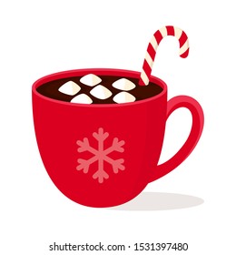 Hot chocolate with Christmas Candy Cane and marshmallow in red Cup with snowflake