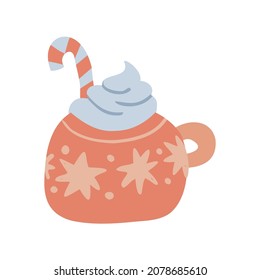 Hot chocolate with Christmas Candy Cane and whipped cream in red cute mug with snowflakes or stars. Vector flat hand drawn Illustration. Only 5 colors - Easy to recolor.