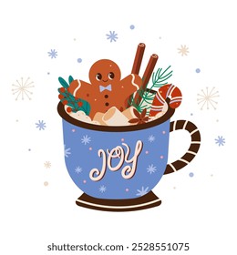 Hot chocolate in a Christmas cup with lettering. Winter special drink with spices in a mug with gingerbread, marshmallows, cinnamon sticks. Flat vector card  isolated on white background