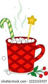 Hot chocolate with Christmas lollipops and marshmallows in a red cup. Vector illustration. Merry Christmas and Happy New Year cup with sweets. Cartoon-style illustration.Elements of vector design.