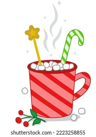 Hot chocolate with Christmas lollipops and marshmallows in a red cup. Vector illustration. Merry Christmas and Happy New Year cup with sweets. Cartoon-style illustration.Elements of vector design.