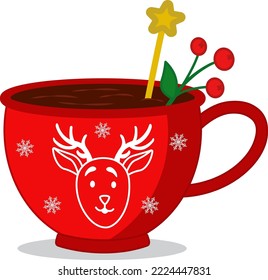 Hot chocolate with Christmas lollipops in a red cup with a deer. Vector illustration. Merry Christmas and Happy New Year cup with sweets. Cartoon-style illustration.Elements of vector design.