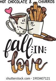 Hot chocolate and churros in love.
Written in lettering fall in love
Valentine's Day card. Food couples.
Happy couple. Vector illustration. 