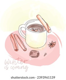 chocolate caliente con canela para los días fríos, ilustración vectorial - el invierno se acerca