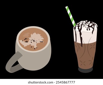 hot chocolate with cinnamon sprinkles and thick chocolate ice that overflows. happy, relax. black background