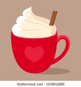 Hot chocolate with cinnamon stick and whipped cream in red Cup with heart