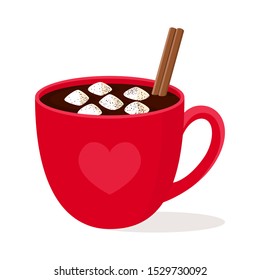 Hot chocolate with cinnamon stick and white marshmallow in red Cup with heart