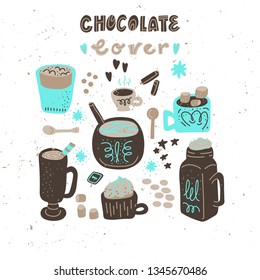 Hot chocolate and cocoa collection of hand drawn vector elements. Illustration made in doodle style. Set of objects for package, merch and other design. 