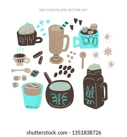 Hot chocolate and cocoa collection of hand drawn vector elements. Illustration made in doodle style. Set of objects for package, merch and other design. 