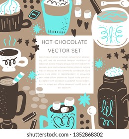 Hot chocolate and cocoa collection of hand drawn vector elements. Illustration made in doodle style. Square frame. Vector handdrawn isolated rectangle concept.