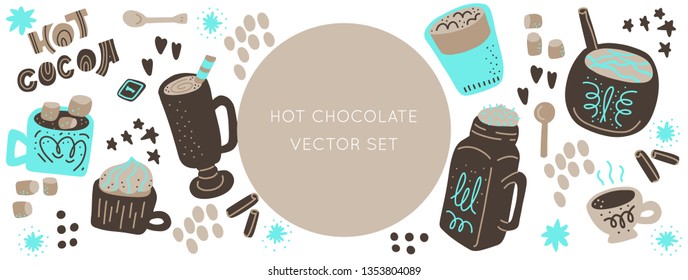 Hot chocolate and cocoa collection of hand drawn vector elements. Illustration made in doodle style. Set of objects for package, merch and other design. Vector Horizontal header web template.