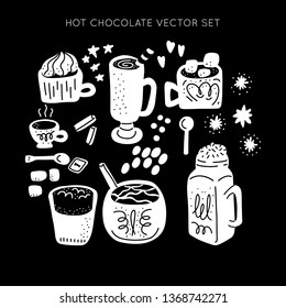 Hot chocolate and cocoa collection of hand drawn vector elements. Monochrome silhouette objects. Set of objects for package, merch and other design. 