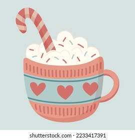 Hot chocolate or cocoa with cream, toppings and candy in cute ornamented tea cup. Can be used for icons, stickers, cards. Isolated vector illustration.