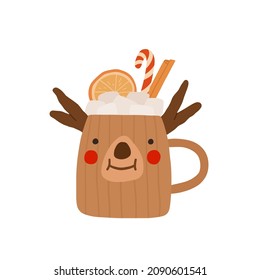 Hot chocolate or cocoa cup with candy cane, cinnamon stick, marshmallow. Christmas greeting card design element. Flat cartoon vector illustration.